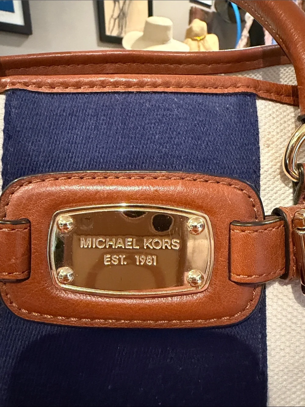 Michael Kors White Canvas Satchel with Navy Center Stripe and Brown Leather Trim